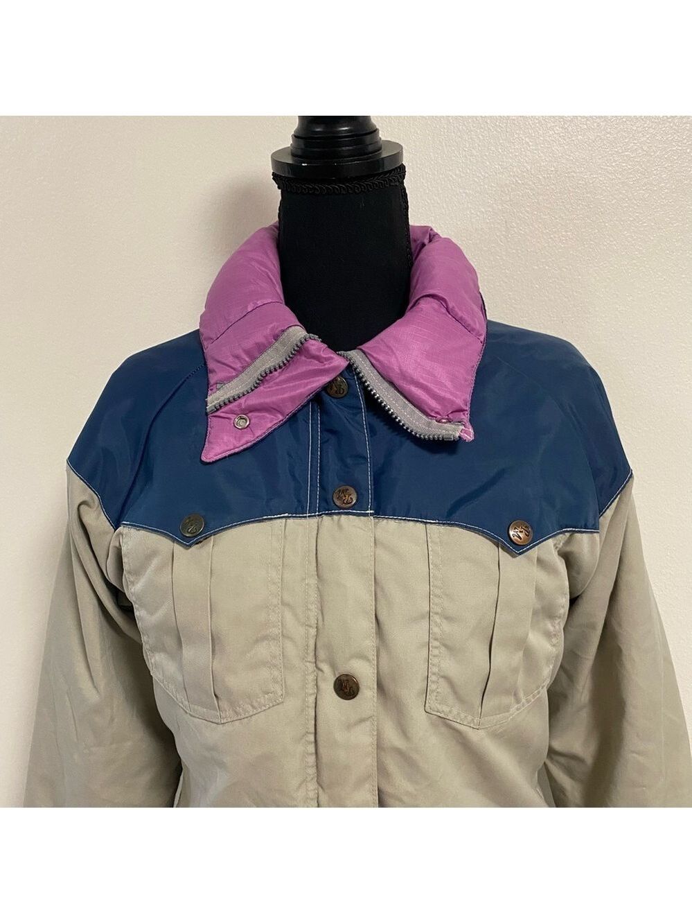 Powderhorn Mountaineering Jacket Girls Size 12 Tan Blue Vintage Down Jacket - Picture 3 of 17
